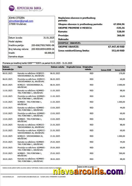 Serbia Komercijalna Banka account statement Word and PDF